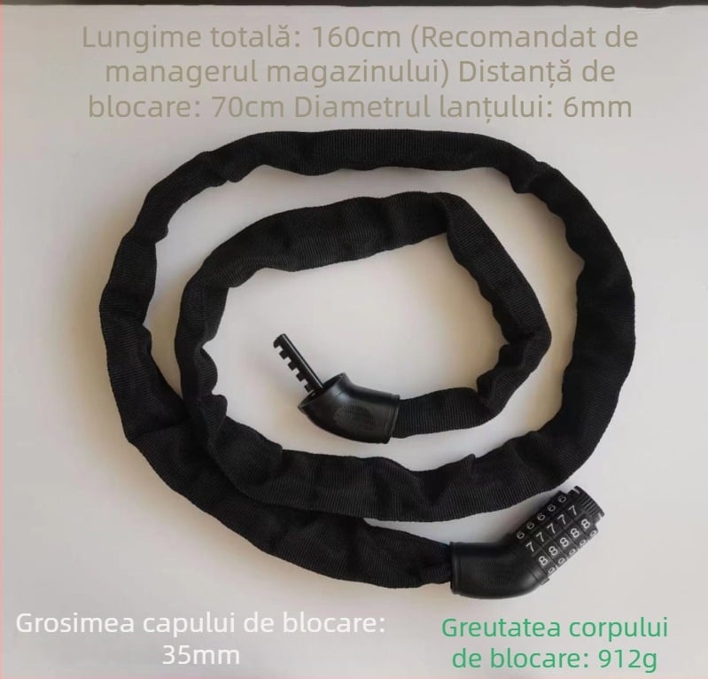 Lanț de bicicletă cu combinație – lacăt cu lanț modern, minimalist, portabil, pentru biciclete de munte și biciclete electrice