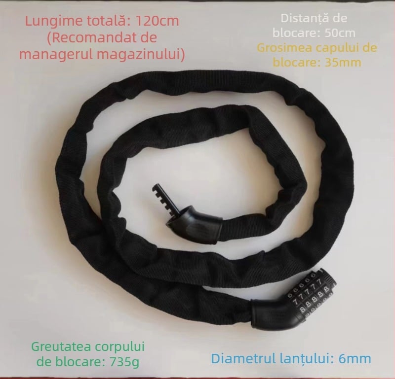 Lanț de bicicletă cu combinație – lacăt cu lanț modern, minimalist, portabil, pentru biciclete de munte și biciclete electrice