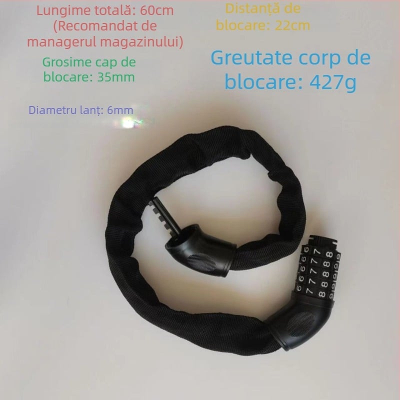 Lanț de bicicletă cu combinație – lacăt cu lanț modern, minimalist, portabil, pentru biciclete de munte și biciclete electrice