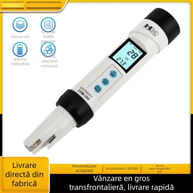 HM COM-300 tester de calitate a apei 4 în 1: pH, TDS, EC şi temperatură, instrument portabil de măsurare a pH-ului și analizator de calitate a apei