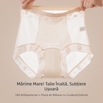 Chiloți femei talie înaltă, plus size, din plasă, căptușeală din mătase Mulberry în zona inghinală, dantelă semi-transparentă