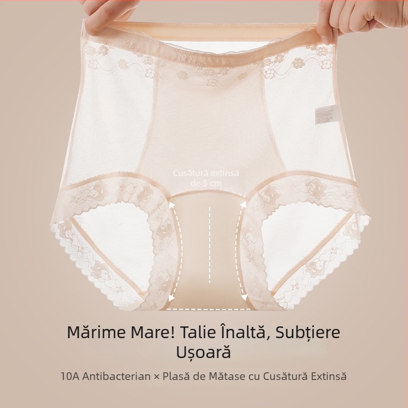 Chiloți femei talie înaltă, plus size, din plasă, căptușeală din mătase Mulberry în zona inghinală, dantelă semi-transparentă