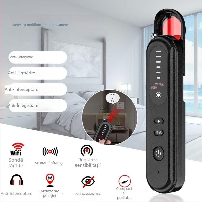 Detector de camere pentru hotel cu detectare infraroșu și scanare a semnalelor wireless pentru prevenirea interceptării