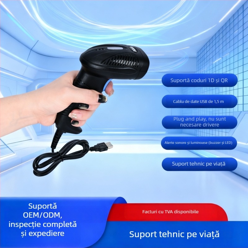 Scaner de mână pentru coduri de bare, 2D cu fir, pentru logistică, supermarketuri și POS