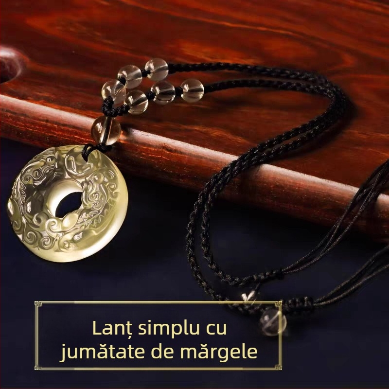 Colier unisex cu Pixiu dublu din sticlă galbenă – pandantiv amulet de siguranță, lux lejer