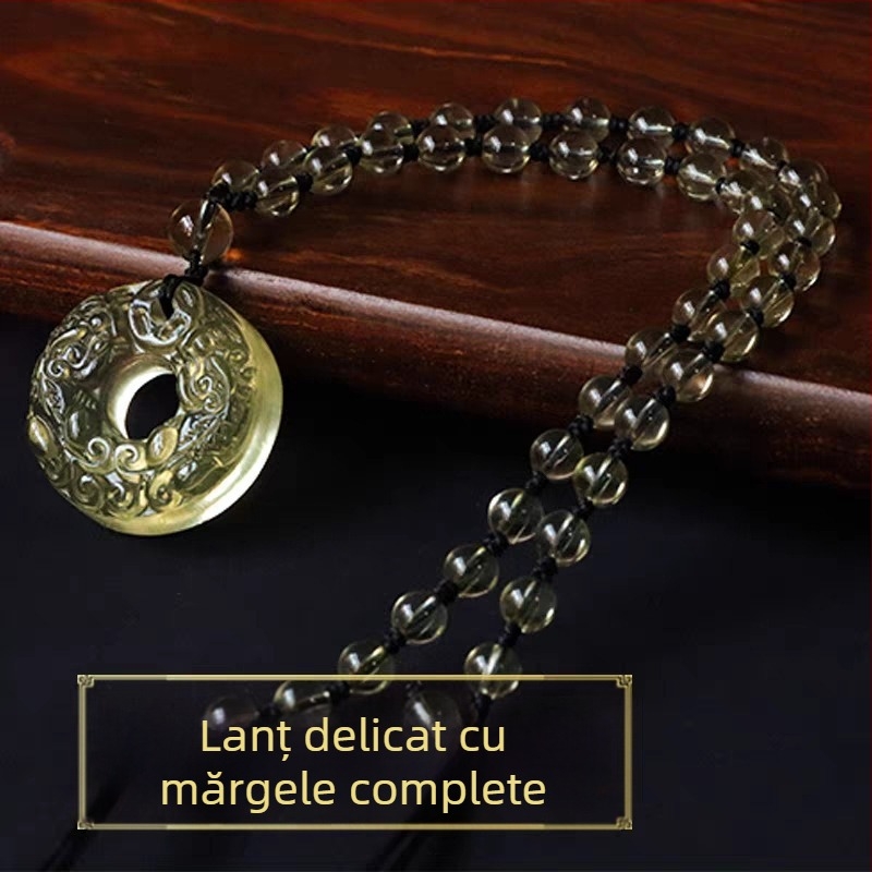 Colier unisex cu Pixiu dublu din sticlă galbenă – pandantiv amulet de siguranță, lux lejer