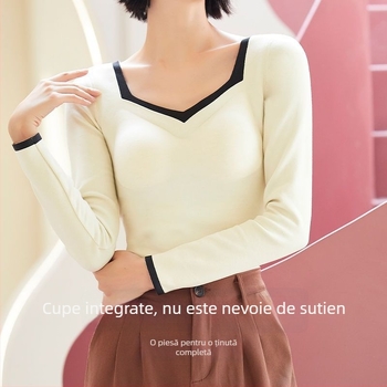 Top termic pentru femei, cu pernuțe integrate pentru sân, mânecă lungă, decolteu pătrat, strat de bază gros, din nylon