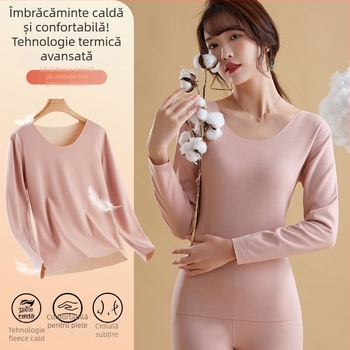 Set termic feminin toamnă-iarnă, căptușit cu fleece, gros, suprafață periată pe ambele fețe, top cu mânecă lungă și pantaloni, strat de bază