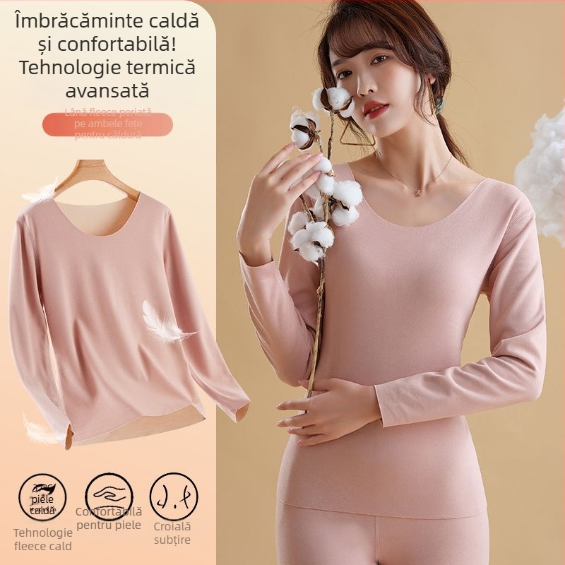 Set termic feminin toamnă-iarnă, căptușit cu fleece, gros, suprafață periată pe ambele fețe, top cu mânecă lungă și pantaloni, strat de bază
