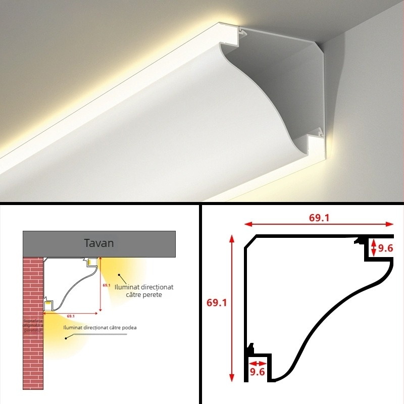 Lampă LED liniară de colț, montare pe suprafață, LED bidirecțional, iluminare tip wall-wash, pentru living, fără plafon, iluminare sus/jos, cornisa din gips
