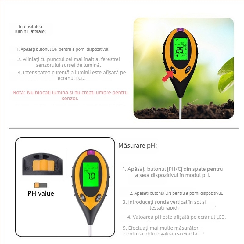 Senzor de sol 4 în 1: pH de înaltă precizie, senzor de umiditate și indicator de udare