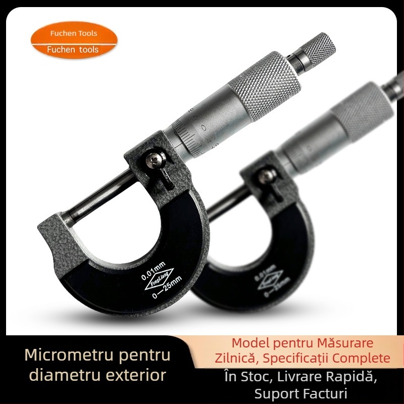 Micrometru exterior cu intervalul 0-100 mm (0-25-50-75-100) pentru măsurarea diametrului exterior și a grosimii, rezoluție 0,01 mm.