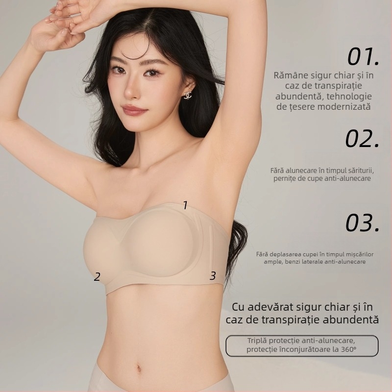 Bustier fără bretele, invizibil, push-up, anti-alunecare, design tubular, fără sârmă, confortabil