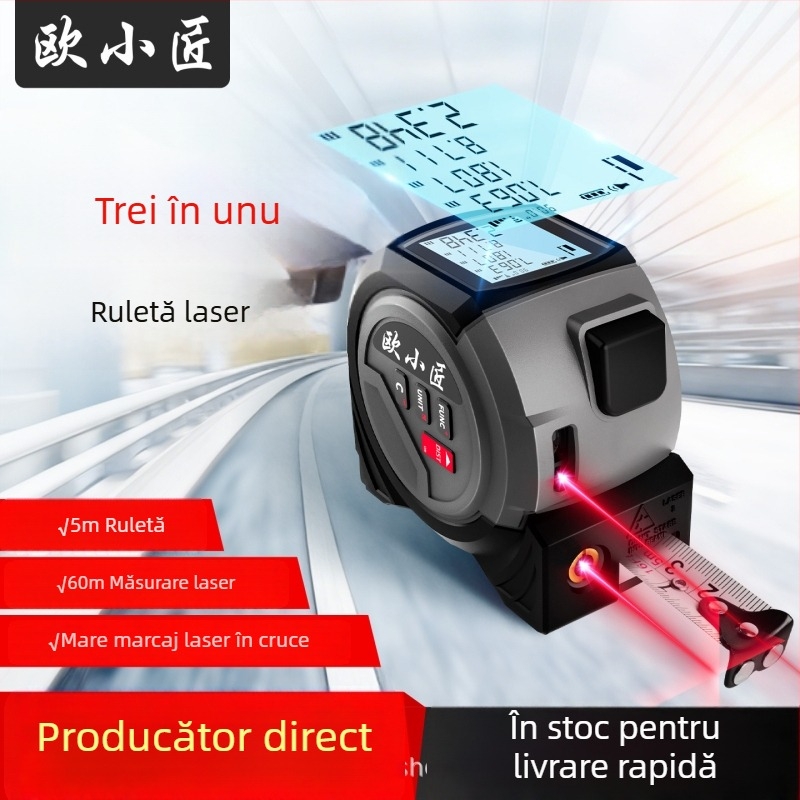 Măsurător laser de înaltă precizie cu distanțier infraroșu și bandă din oțel cu marcaj în cruce – riglă digitală