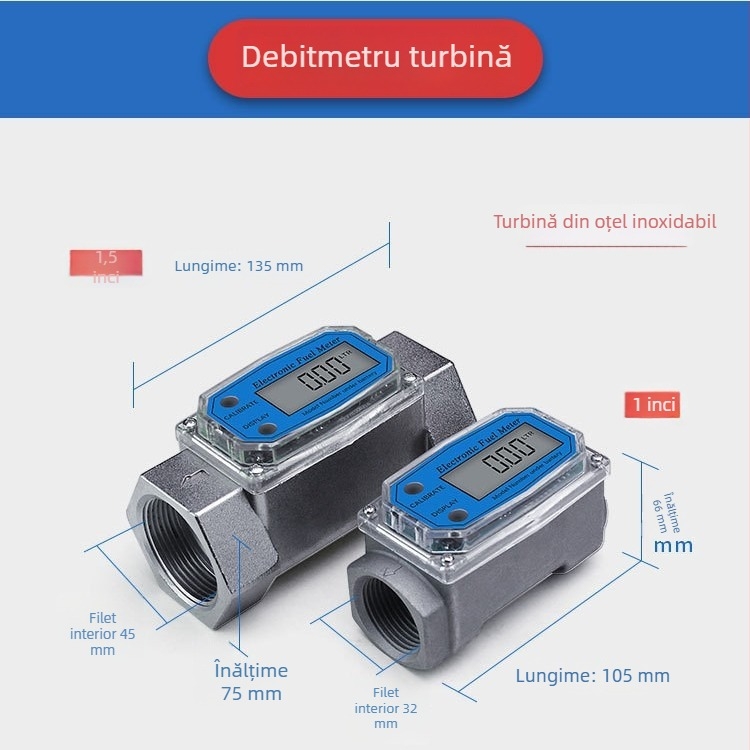 Fluxometru cu turbină din oțel inoxidabil pentru lichide, cu afișaj digital; diesel, benzină, metanol, kerosen și apă