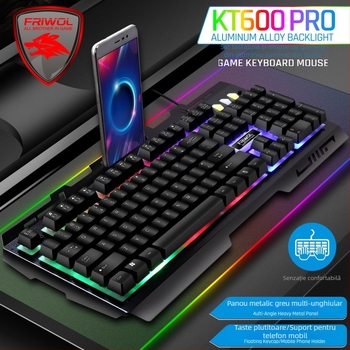 Set cablat KT600PRO tastatură și mouse pentru jocuri, senzație mecanică și iluminare, pentru birou și gaming