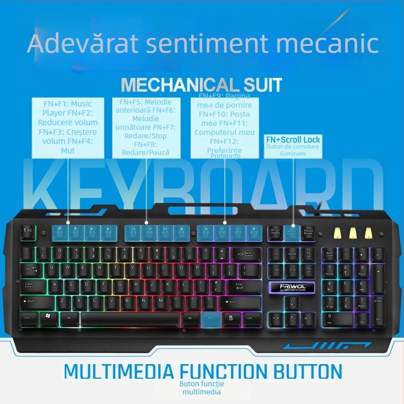 Set cablat KT600PRO tastatură și mouse pentru jocuri, senzație mecanică și iluminare, pentru birou și gaming