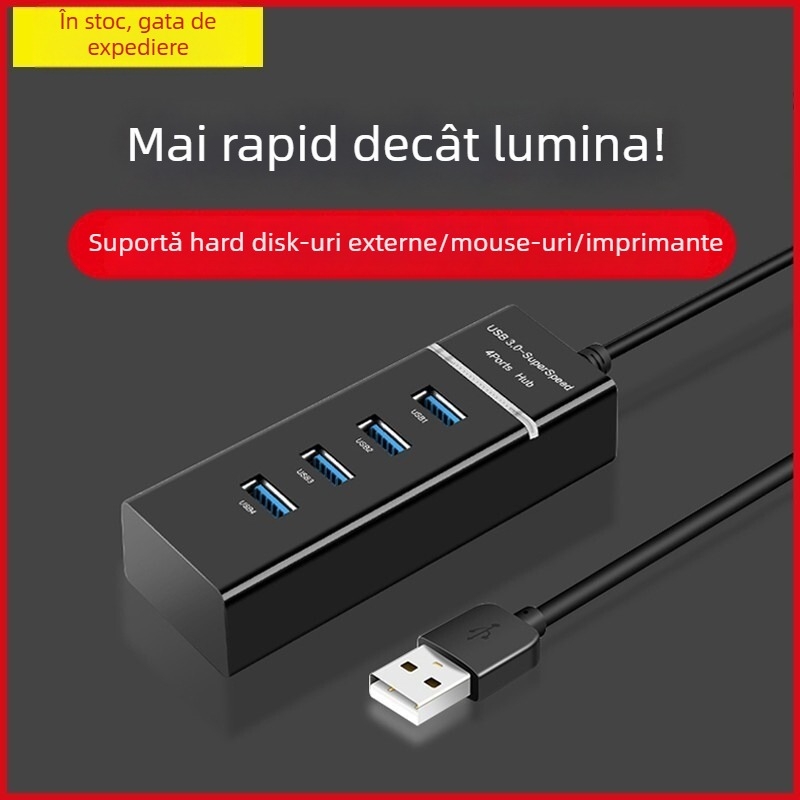 Hub USB 3.0 cu 4 porturi, Divizor Portabil cu Cablu de 30 cm