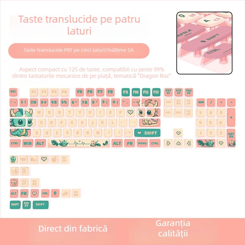 Capace Pink Dragon SA profil, transparente din toate părțile, PBT sublimare, personalizabile, gravate pe cinci laturi, set de 125 taste