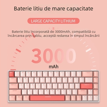 Red Fury H68 Sakura tema, tastatură mecanică RGB cu trei moduri, Bluetooth wireless, switchuri albastre, hot-swappable