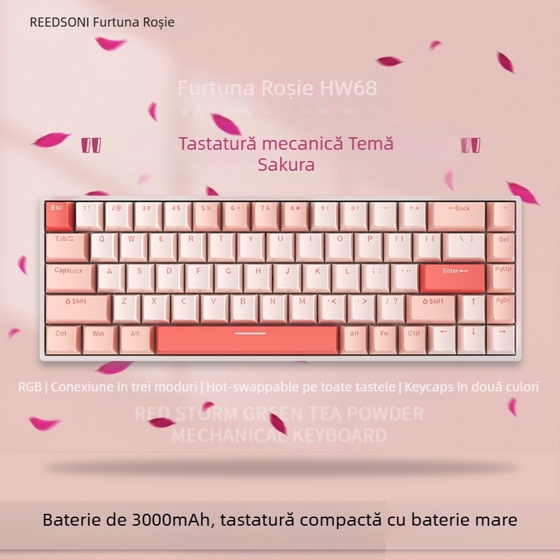 Red Fury H68 Sakura tema, tastatură mecanică RGB cu trei moduri, Bluetooth wireless, switchuri albastre, hot-swappable
