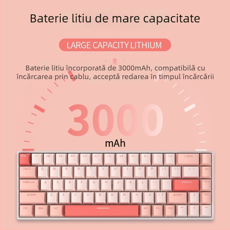 Red Fury H68 Sakura tema, tastatură mecanică RGB cu trei moduri, Bluetooth wireless, switchuri albastre, hot-swappable