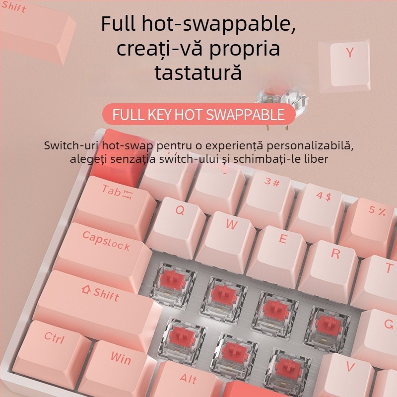 Red Fury H68 Sakura tema, tastatură mecanică RGB cu trei moduri, Bluetooth wireless, switchuri albastre, hot-swappable
