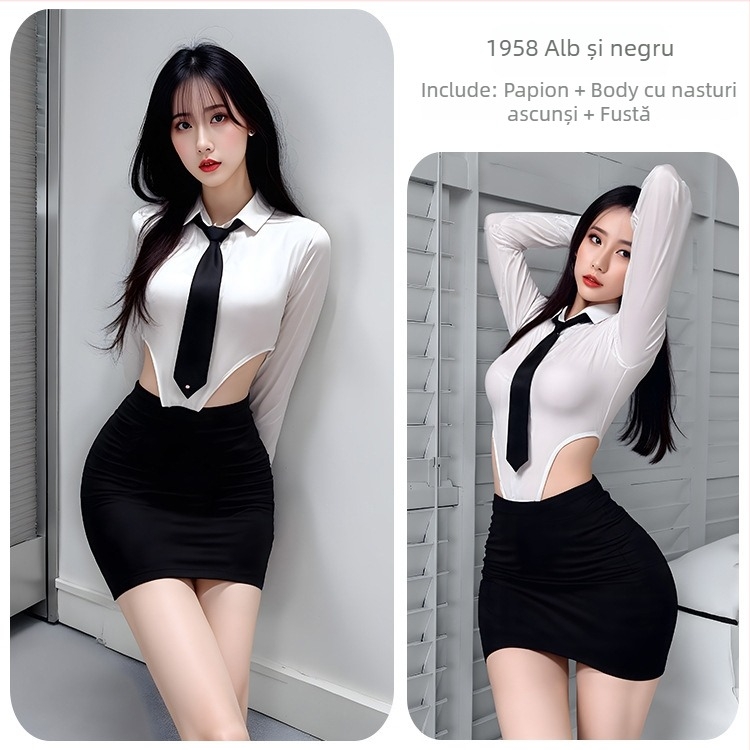 Long Night Bodysuit transparent cu deschidere în zona intimă – lenjerie sexy în stil secretară de birou, look alb de cămașă, pentru femei