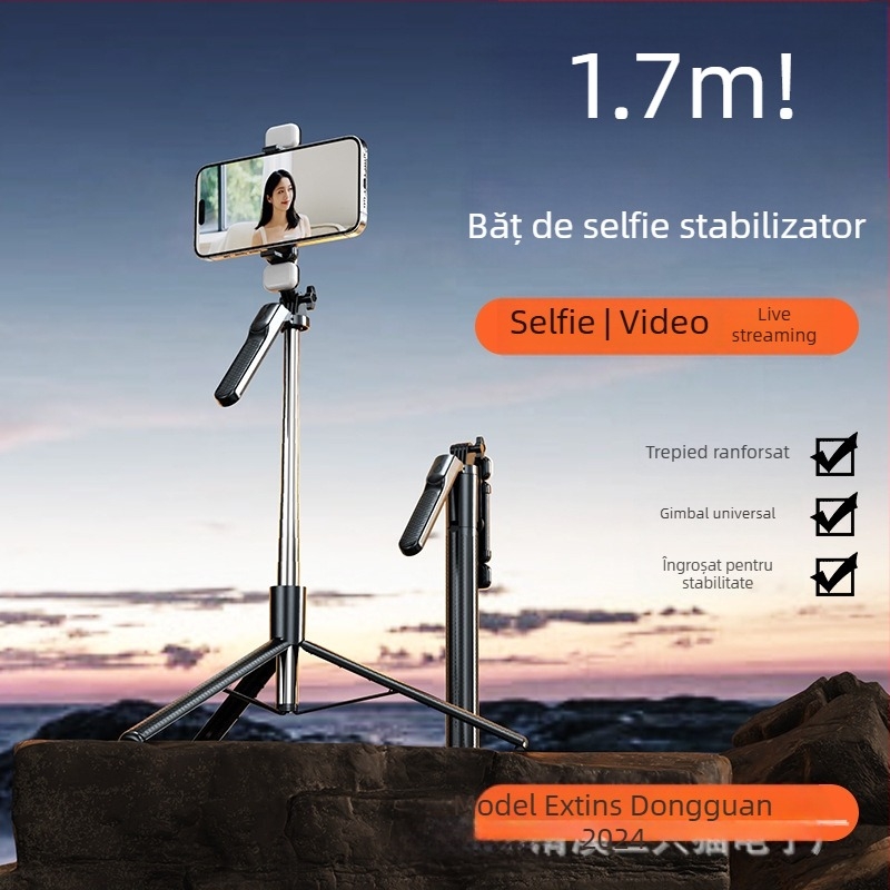 Selfie stick Bluetooth pentru telefon mobil, portabil, all-in-one cu stabilizare, trepied extensibil și lumină LED pentru fotografii, telecomandă inclusă