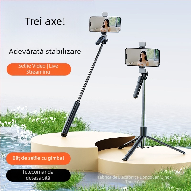 Selfie stick Bluetooth pentru telefon mobil, portabil, all-in-one cu stabilizare, trepied extensibil și lumină LED pentru fotografii, telecomandă inclusă