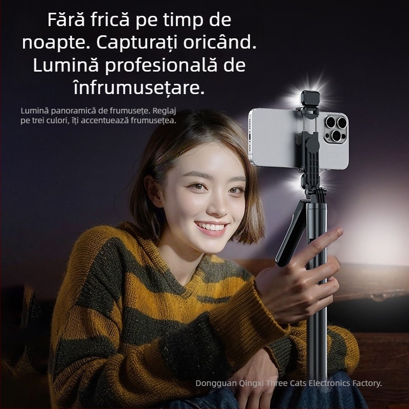 Selfie stick Bluetooth pentru telefon mobil, portabil, all-in-one cu stabilizare, trepied extensibil și lumină LED pentru fotografii, telecomandă inclusă
