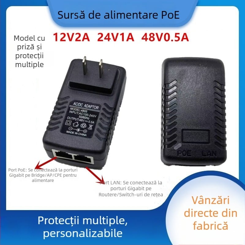 Sursă PoE pentru AP wireless și Cameră de supraveghere – pod (bridge), 12/15/24/48V, adaptor 0,5–1A