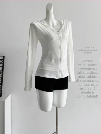 Jianmanni tricou damă cu glugă și fermoar, protecție UV, mâneci lungi, croială slim ce conturează talia, top sport pentru vară