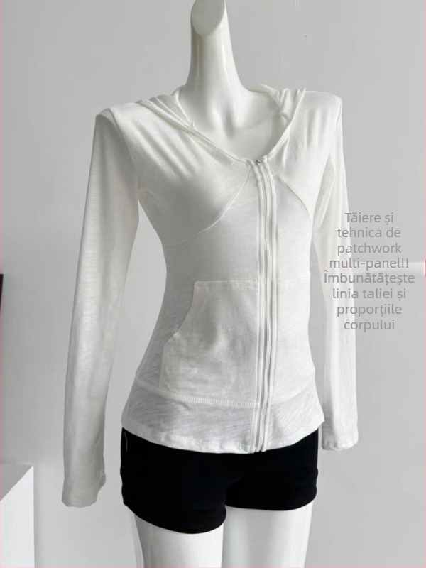 Jianmanni tricou damă cu glugă și fermoar, protecție UV, mâneci lungi, croială slim ce conturează talia, top sport pentru vară
