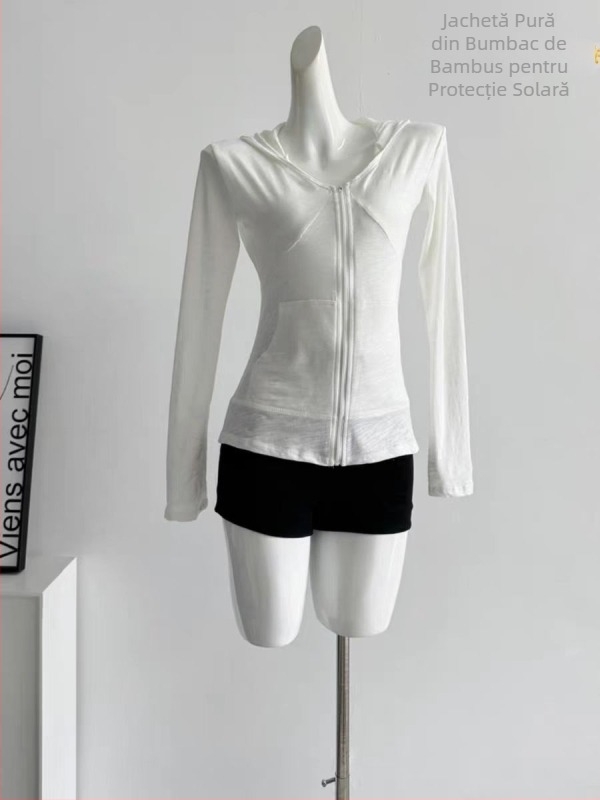 Jianmanni tricou damă cu glugă și fermoar, protecție UV, mâneci lungi, croială slim ce conturează talia, top sport pentru vară