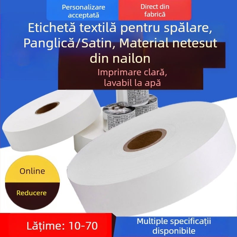 Etichete de spălare din satin de nylon, goale, pentru imprimare pe haine, role cu lățimea 20–40 mm și lungimea 200 m