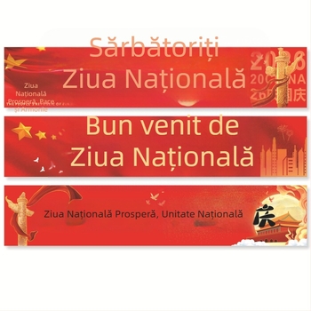 Decor scenă pentru Ziua Națională: bannere și afișe pentru vitrină și zonă de eveniment, pânze suspendate