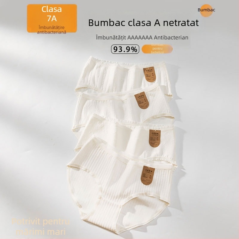 Chiloți femei din bumbac albi, antibacteriali, clasă A, respirabili, mărime plus