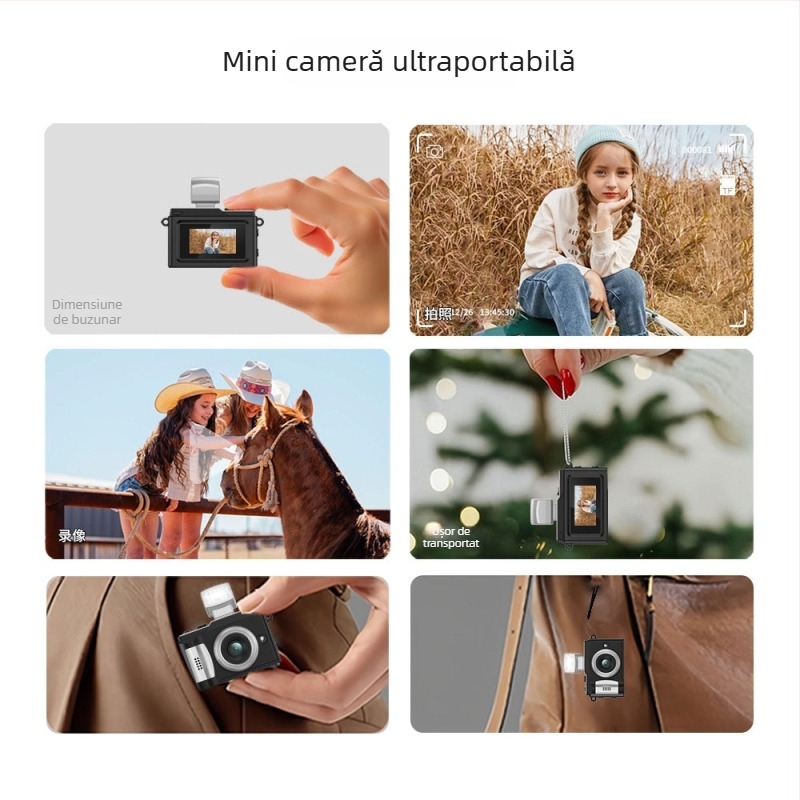 Cameră mini în stil retro, înregistrare video și fotografiere la 1080P HD, bliț încorporat, cameră CCD mică