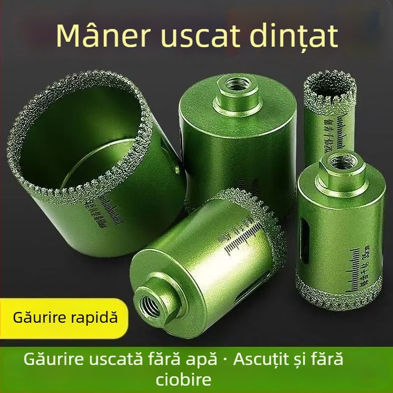 Polizor unghiular cu dinți zimțați pentru găuri uscate în plăci ceramice, plăci vitrificate și piatră; burghiu diamantat sudat; șlefuire și găurire universală