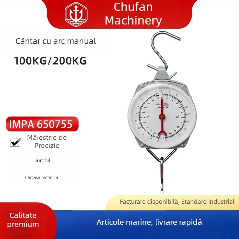 650755 Cântar de mână cu arc 100 kg – Cântar mecanic de bucătărie cu disc indicator și cârlige duble