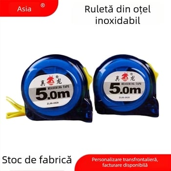 Bandă de măsurat transparentă albastru-verzuie; rezistentă la cădere; 7,5 m și 10 m din oțel inoxidabil; bandă de 5 m din oțel.