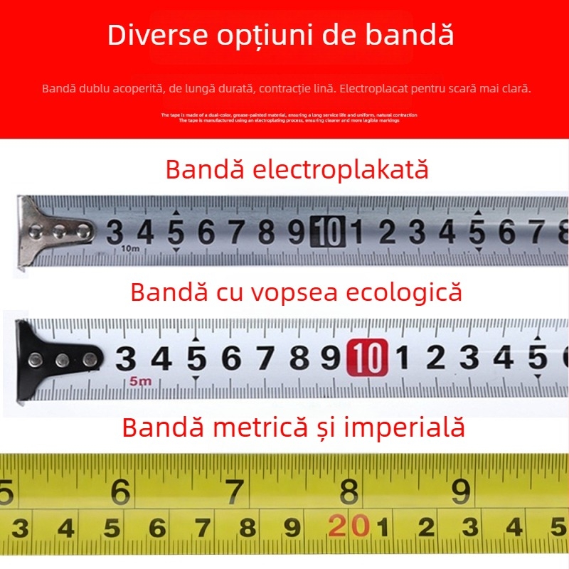 Bandă de măsurat transparentă albastru-verzuie; rezistentă la cădere; 7,5 m și 10 m din oțel inoxidabil; bandă de 5 m din oțel.