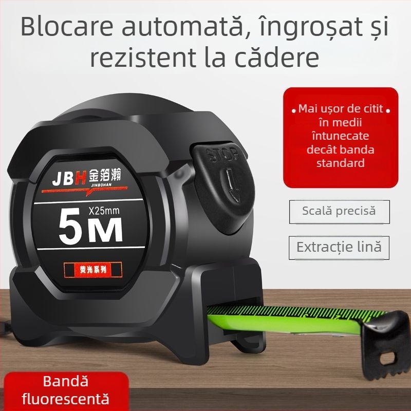 Bandă metrică din oțel fluorescente cu strat de cauciuc, marcaj laser de înaltă precizie, cutie negru-auriu, 5 m, instrument durabil pentru măsurarea înălțimii