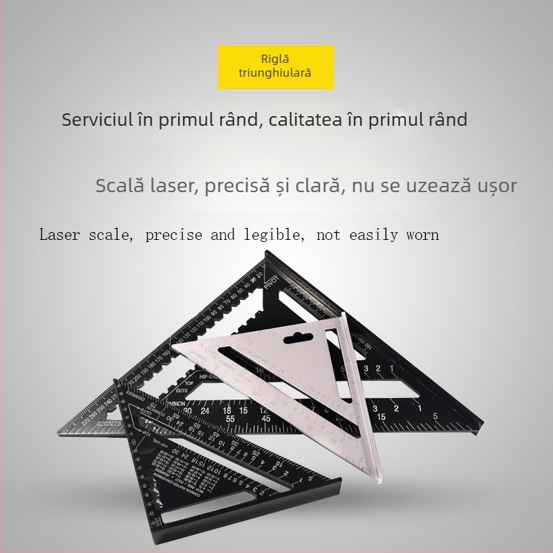 Riglă triunghiulară din aluminiu, 90°, scări imperială și metrică, bază lată, margine groasă, pentru tâmplărie