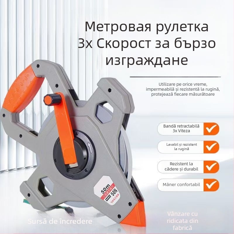 Ruletă de metal cu acoperire din nylon, impermeabilă, 50 m, riglă de inginerie pentru șantier, rezistentă la rugină și durabilă