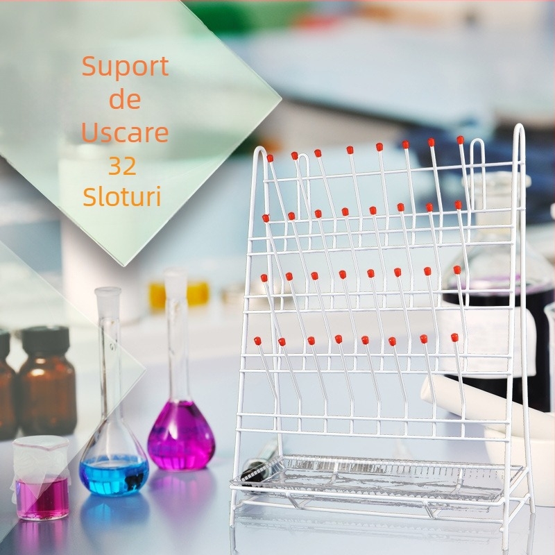 Set de sticlă de laborator cu pahar de măsură, colbă, colbă volumetrică, sticlă pentru reagenti, suport pentru picături și scurgere; cadru metalic cu finisaj pulbere; capacități 32/48/55 ml
