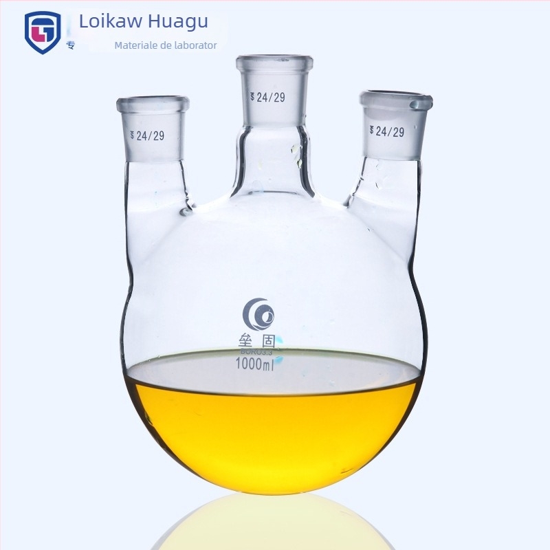 Liegu vas de reacție din sticlă cu trei gururi, borosilicat, pereți groși, fund rotund, laborator, 500–1000 ml