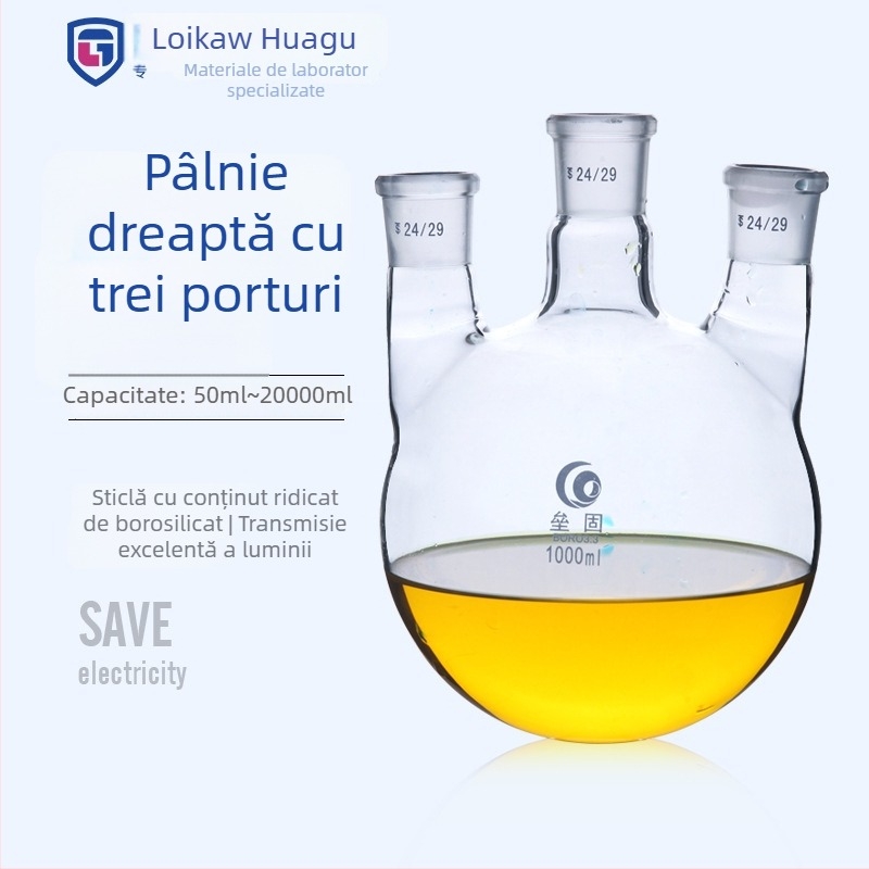 Liegu vas de reacție din sticlă cu trei gururi, borosilicat, pereți groși, fund rotund, laborator, 500–1000 ml