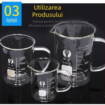 Pahar de laborator cu mâner, din sticlă, 250 ml/500 ml/1000 ml, rezistent la temperaturi înalte